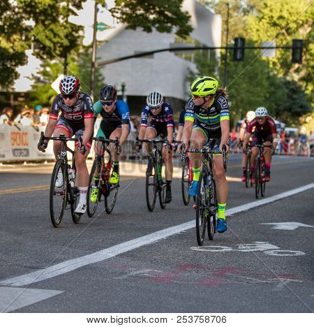Boise, Idaho - July 14, 2018: Leader Of The Pack Looking Back To See Where The Other Riders Are Duri