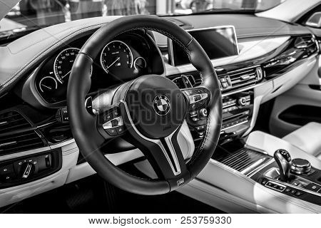 Berlin - June 09, 2018: Showroom. Interior Of A Mid-size Luxury Crossover Suv Bmw X6 M. Black And Wh