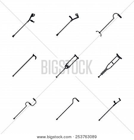 Crutches Injury Support Care Leg Reliance Icons Set. Simple Illustration Of 9 Crutches Injury Suppor
