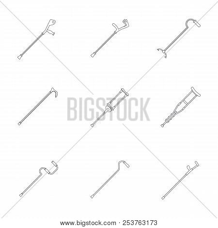 Crutches Injury Support Care Leg Reliance Icons Set. Outline Illustration Of 9 Crutches Injury Suppo