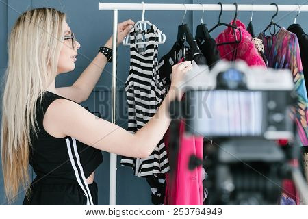Social Media E-commerce. Clothing Designer Vlogging About Her New Collection Selling Her Product Onl