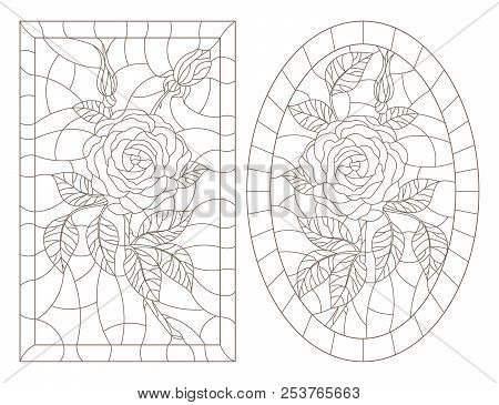 A Set Of Contour Illustrations Of Stained Glass Windows With Rosees In Frames, Dark Contours On A Wh