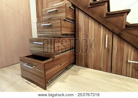 Modern Architecture Interior With  Luxury Hallway With Glossy Wooden Stairs In Modern Storey House. 