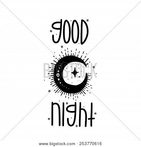 Sketch Graphic Illustration Moon With Mystic And Occult Hand Drawn Symbols. Vector Holiday Illustrat
