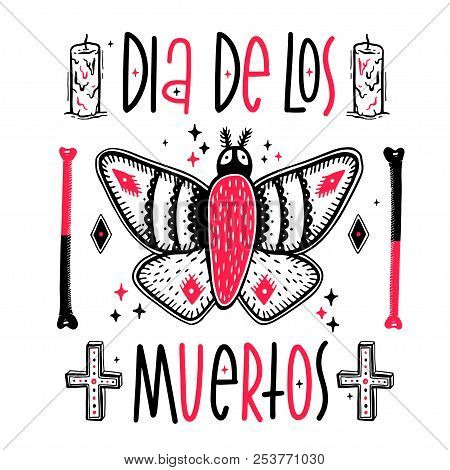 Sketch Graphic Illustration Moth And Bones With Mystic And Occult Hand Drawn Symbols. Vector Holiday