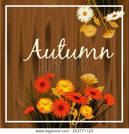 Autumn Flowers, Fall, Leaves, Banner, Greeting Card, Autumn Colors, Wooden Backgfound, Template, Vec