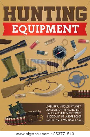 Hunting Equipment Poster Of Hunter Ammo For Wild Animals Hunt Or Open Season. Vector Items Of Huntin
