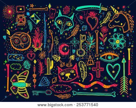 Sketch Graphic Illustration With Mystic And Occult Hand Drawn Symbols Big Set. Vector Holiday Illust