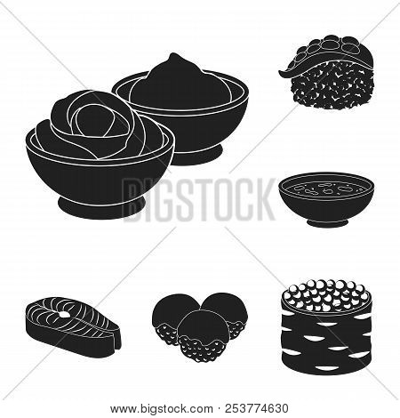Sushi And Seasoning Black Icons In Set Collection For Design. Seafood Food, Accessory Vector Symbol 