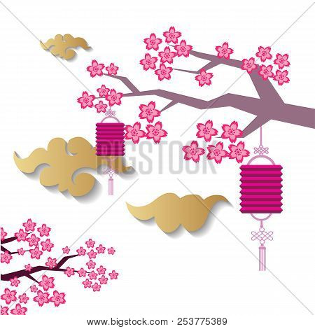 Sakura Flowers In Cartoon Style, Beautiful  Japanese  Background. Pink Lanterns And Golden Clouds. V