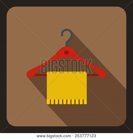 Blue Scarf On Coat Hanger Icon In Flat Style On A Coffee Background Illustration