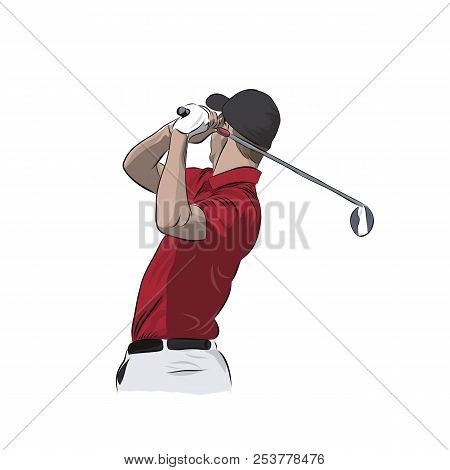 Golf Player In Red Polo, Isolated Vector Illustration. Golfer Athlete