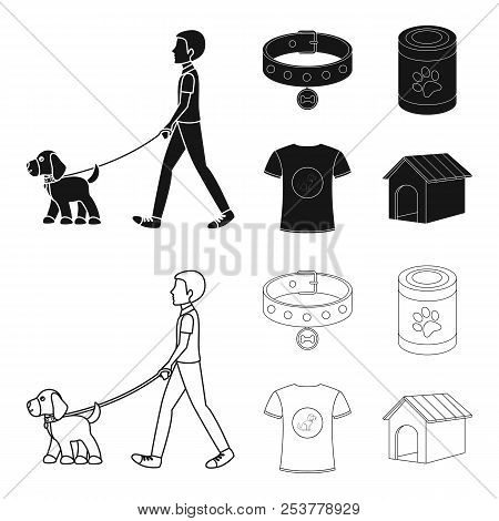 A Man Walks With A Dog, A Collar With A Medal, Food, A T-shirt I Love Dog.dog Set Collection Icons I