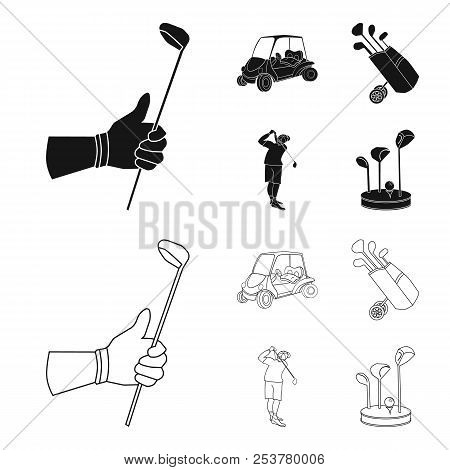 A Gloved Hand With A Stick, A Golf Cart, A Trolley Bag With Sticks In A Bag, A Man Hammering With A 