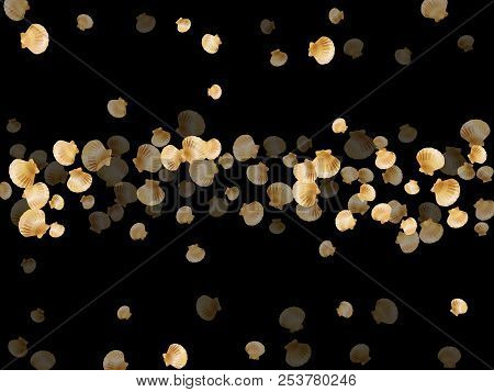 Gold Seashells Vector, Golden Pearl Bivalved Mollusks. Sea Scallop, Bivalve Pearl Shell, Marine Moll