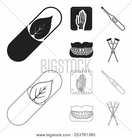 Eco Tablet, Electronic Thermometer, Hand X-ray, Denture. Medicine Set Collection Icons In Black, Out