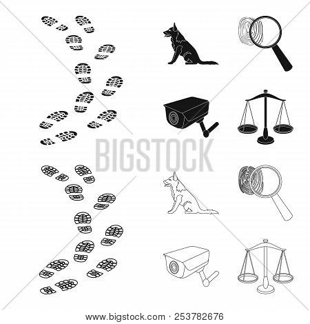 Traces On The Ground, Service Shepherd, Security Camera, Fingerprint. Prison Set Collection Icons In