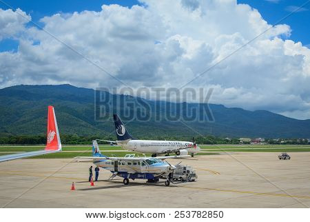 Chiang Mai, Thailand - Jun 22, 2016. Passenger Airplanes Taxiing On Runway Of Chiang Mai Airport (cn