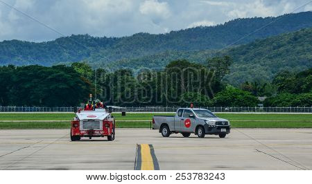 Chiang Mai, Thailand - Jun 22, 2016. Vehicles Running On Runway Of Chiang Mai Airport (cnx).