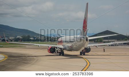 Chiang Mai, Thailand - Jun 22, 2016. A Boeing 737 Airplane Of Lion Air Taxiing On Runway Of Chiang M