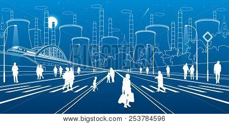 Urban Infrastructure Illustration. People Walking At The Street. Train Move On Bridge. Illuminated H