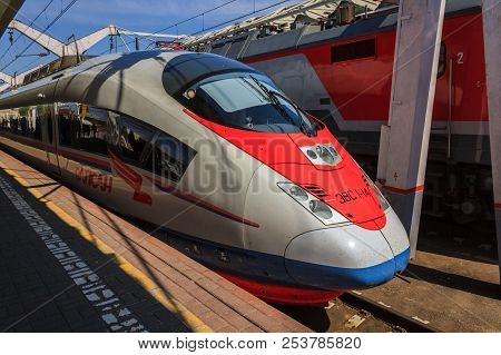 Moscow, Russia - May 3, 2018: High Speed Sapsan Train On A Platform At Lenigradsky Railway Station R