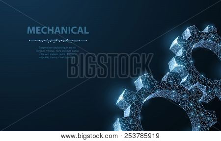 Gears. Abstract Vector Wireframe Two Gear 3d Modern Illustration On Dark Blue Background.