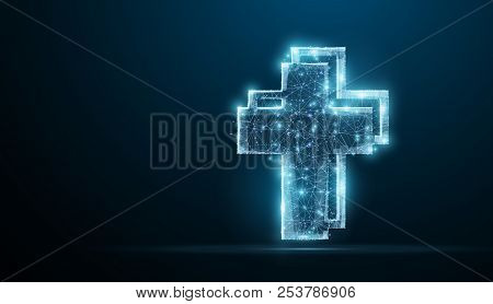 Cross. Polygonal Wireframe Jesus Christ Cross On Blue Night Sky With Dots, Stars.