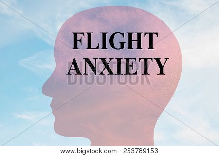 Render Illustration Of Flight Anxiety Title On Head Silhouette, With Cloudy Sky As A Background.