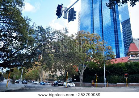 Traffic Road And Australian People Walking Besign Road On The Esplanade Street In Perth, Australia