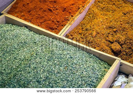 Boxes With Spices At The Market Stall