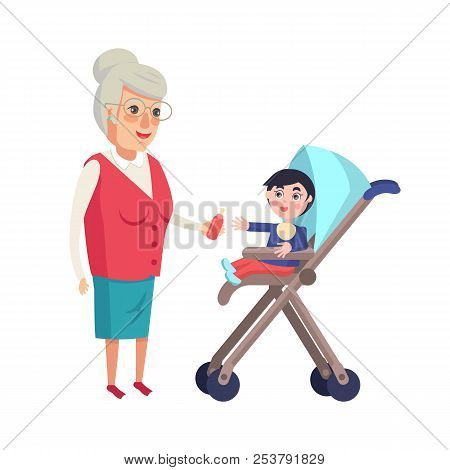 Grandmother Giving Bottle With Pacifier To Toddler Male Vector Of Granny And Little Infant Boy With 