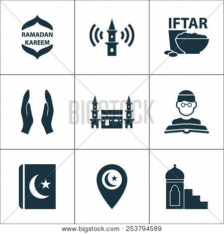 Religion Icons Set With Mimbar, Religion, Mecca And Other Hejaz Elements. Isolated Vector Illustrati