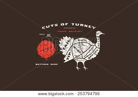 Stock Vector Turkey Cuts Diagram In Flat Style. Design With Rough Texture. Color Print On Black Back