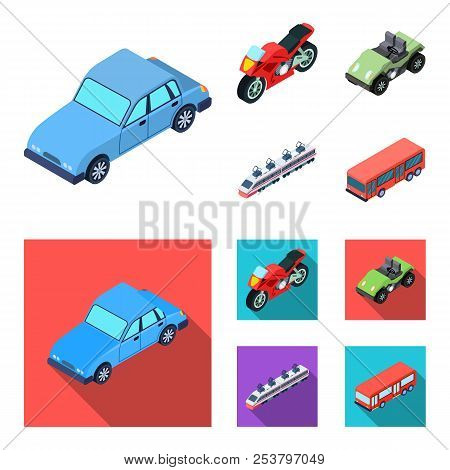 Motorcycle, Golf Cart, Train, Bus. Transport Set Collection Icons In Cartoon, Flat Style Vector Symb