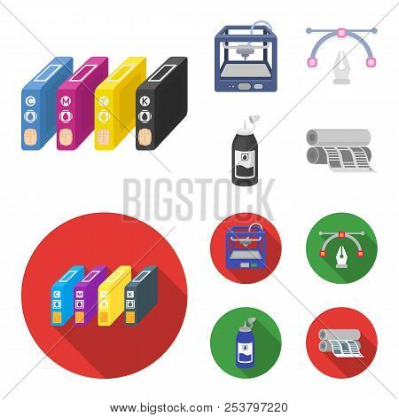 3d Printer, Newspaper Printer, Ink, Pen. Typography Set Collection Icons In Cartoon, Flat Style Vect