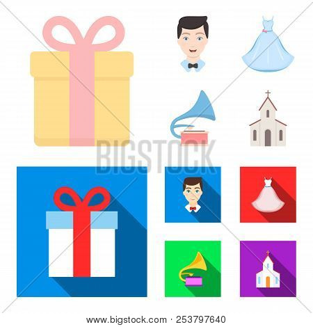 Wedding Dress, Groom, Gramophone, Church. Wedding Set Collection Icons In Cartoon, Flat Style Vector