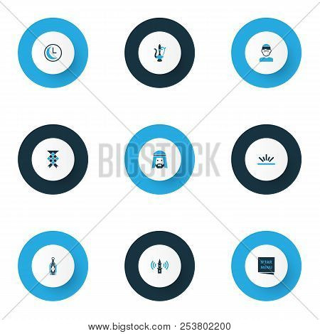 Holiday Icons Colored Set With Clock, Muslim, Fajr And Other Decorate Elements. Isolated  Illustrati