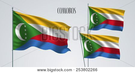 Comoros Waving Flag Set Of Vector Illustration. White Red Green Colors Of Comoros Wavy Realistic Fla