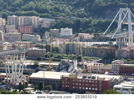 The Collapse Of The Morandi Bridge In Genoa - 14 August 2018 - Genoa Italy - The Structural Failure 