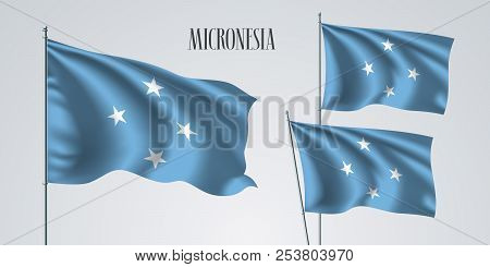 Micronesia Waving Flag Set Of Vector Illustration. White Blue Colors Of Micronesian Wavy Realistic F