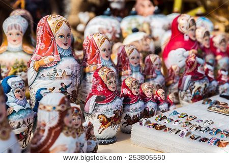 Colorful Russian Nesting Dolls At The Market In Moscow