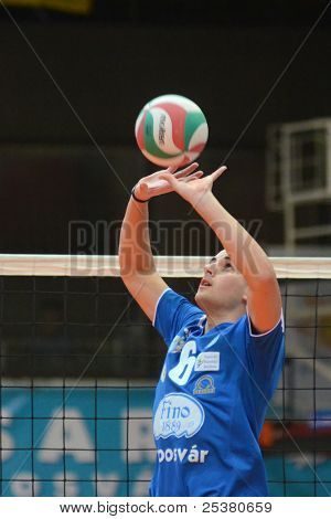 KAPOSVAR, Ungarn - 13. NOVEMBER: Balint Magyar (blå 6) i aktion på en ungarske nationale Championsh