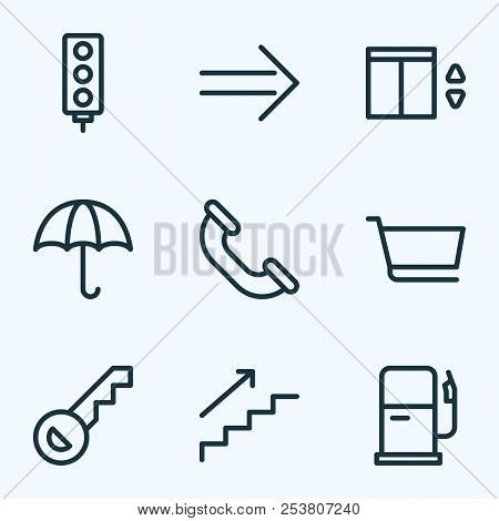 Public Icons Line Style Set With Gas Station, Key, Call And Other Steps Up Elements. Isolated Vector