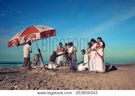 Varkala, Kerala, India - Nov 30, 2017: Varkala Beach. Peoples Come To Brahmanas For Perform Puja And