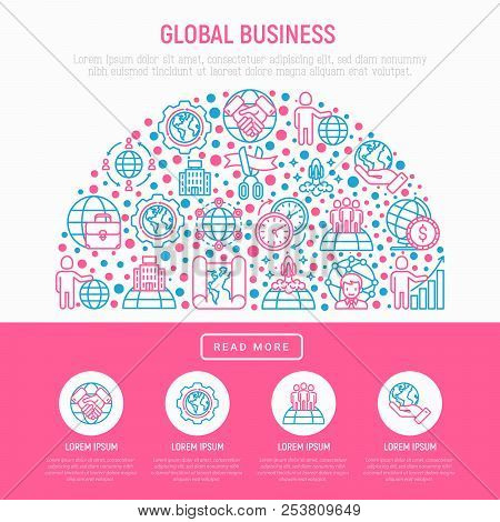 Global Business Concept In Half Circle With Thin Line Icons: Investment, Outsourcing, Agreement, Tra