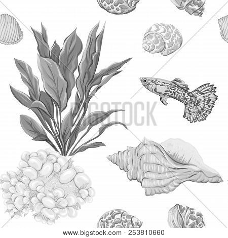 Sea World Seamless Pattern, Background With Fish, Corals And Shells On White Background. Stock Vecto