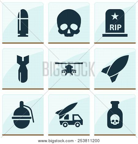 Battle Icons Set With Artillery, Skull, Helicopter And Other Ordnance Elements. Isolated  Illustrati