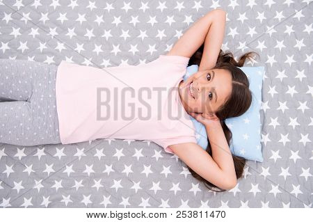 Girl Child Long Hair Lay Awake Top View. Quality Of Sleep Depends On Many Factors. Girl Lay On Littl