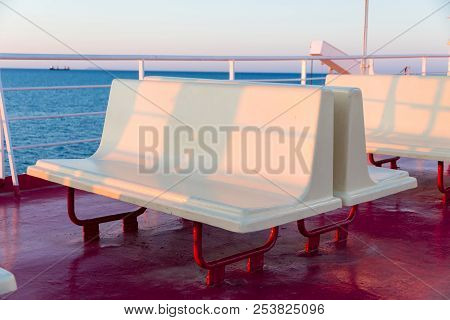 Piombino Channel Crossing With Ferry Boat In Summer